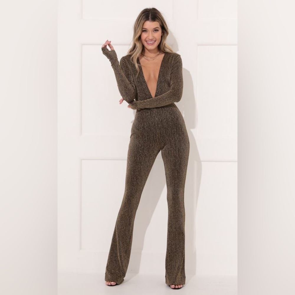 Lucy in the Sky Olive Metallic Deep V Knit Jumpsuit